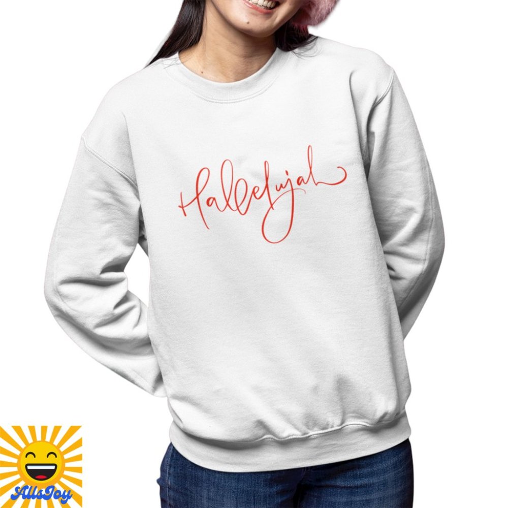 HALLELUJAH Script Fleece Pullover Crew Sweatshirt White